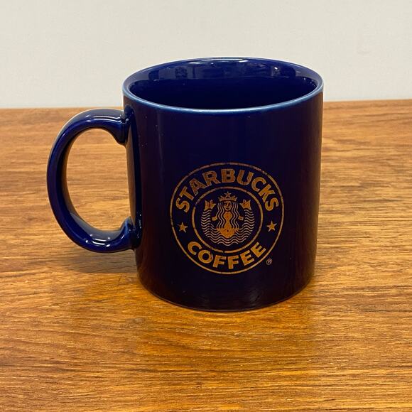 Vintage Cobalt‎ Blue Retired Starbucks Gold Mermaid Logo 10 oz Coffee Mug Japan - Picture 2 of 9